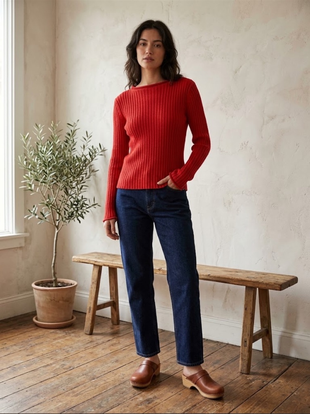 TOMMY HILFIGER Cotton Roll Neck Ribbed Knit Sweater Red Large Retro 90s